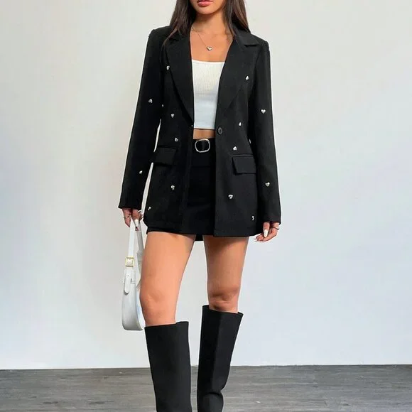 Black Elegant Women's Heart Decor Single Button Casual Long Sleeve Blazer - Picture 6 of 7